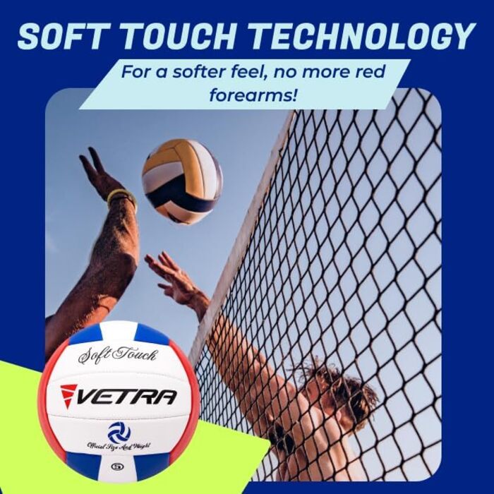 М'яч для волейболу VETRA, розмір 5, м'який на дотик, для пляжу, вулиці, спортивної зали, блакитний/червоний/білий