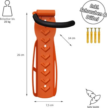 WELLGRO Тримач для велосипеда на стіну - сталевий кріплення, гачок, стійка - колір на вибір (Оранжевий)