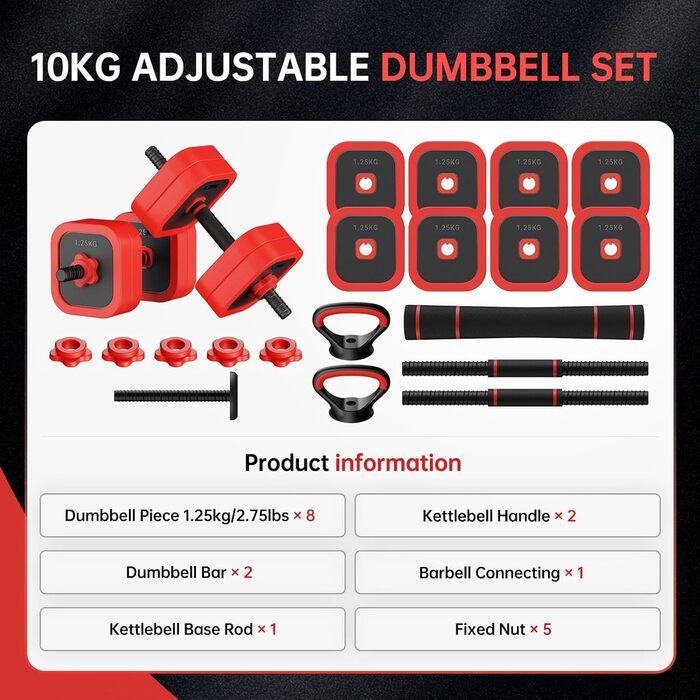 Набір гантелей JOROTO 10-30 кг 4-в-1: гантелі, штанга, гиря та бруси для фітнесу вдома. Підходить для силових тренувань та загальної фізичної підготовки.