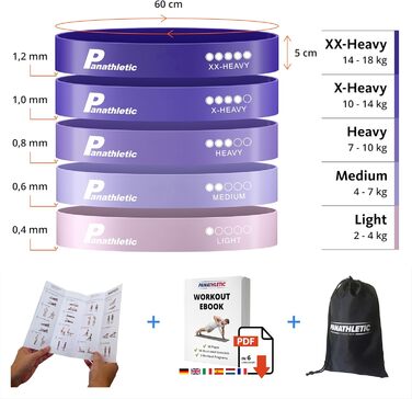 Фітнес-гумки Panathletic, набір 5 шт. – різні рівні опору, інструкція, eBook, сумка – 5 фітнес-гумок, гімнастичний банд, еластичний стрінг чорного, червоного, жовтого, синього, зеленого кольорів (фіолетовий)