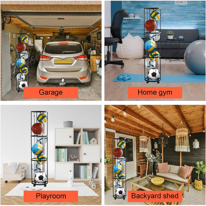 Стійка для м'ячів з колесами, настінна, 3-ярусна: для баскетболу, футболу, волейболу