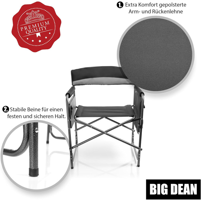 Крісло для кемпінгу BigDean 150кг з столиком – складане крісло з тримачем для напоїв + бічною кишенею – якісне рибальське крісло сірого/чорного кольору. Режисерське крісло, складане, сірий/чорний колір