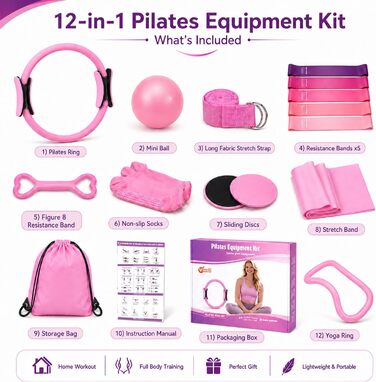 Pilates Ring 12-в-1: Набір для пілатесу з м'ячем, гумовими стрічками, дисками для ковзання, шкарпетками та сумкою, Рожевий