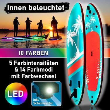 SUP Board BRAST з LED-підсвіткою | Надувний комплект для станд-ап паддлінгу | 320x81x15 см | 4 дизайни | LED-підсвічування (10 кольорів) | 5 років гарантії | 2-в-1: весло + сидіння для каяка | Тримач для Action-Cam, петля для ніг | Гавайський стиль