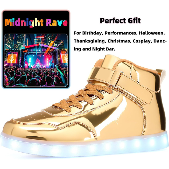 APTESOL LED кросівки високі, світлодіодні, зарядка USB, золото, для жінок та чоловіків, 42 EU