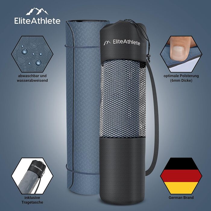 Килимок для йоги EliteAthlete 183x61x0,6 см, не ковзає, з ременем і чохлом, для фітнесу, пілатесу, спортзалу, чорний-синьо-синій