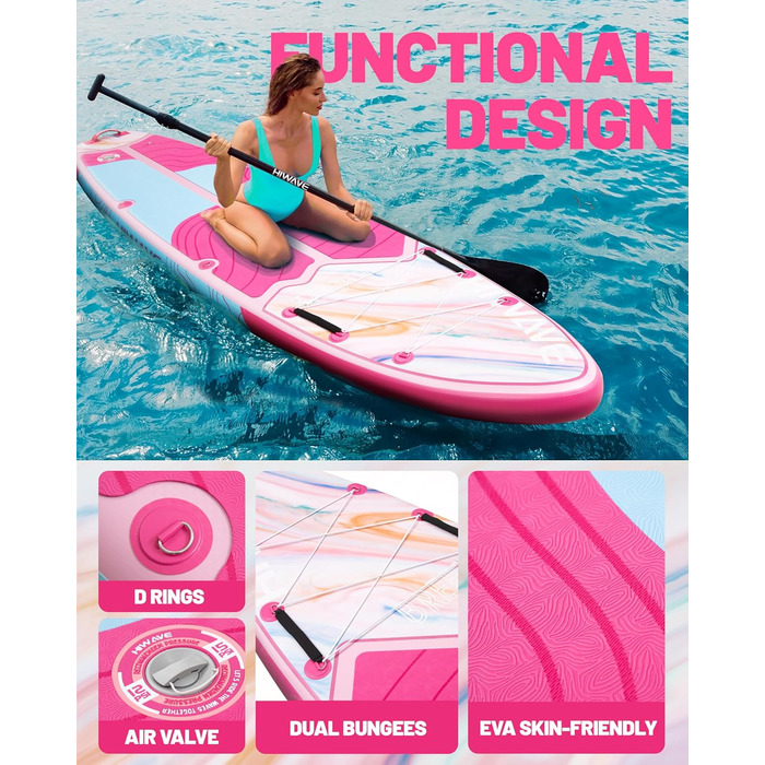 SUP-дошка надувна Hiwave Breeze Pink 335x86x15 см, вантажопідйомність 190 кг, для океану та озера, з 3-частинним регульованим веслом