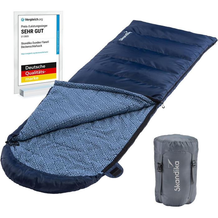 Спальний мішок Skandika Dundee Flanell: бавовна, преміум-якість, з'єднується, двомісний, 3 сезони, до -20°C, 220 x 80/160 см, Outdoor, Indigo, для кемпінгу