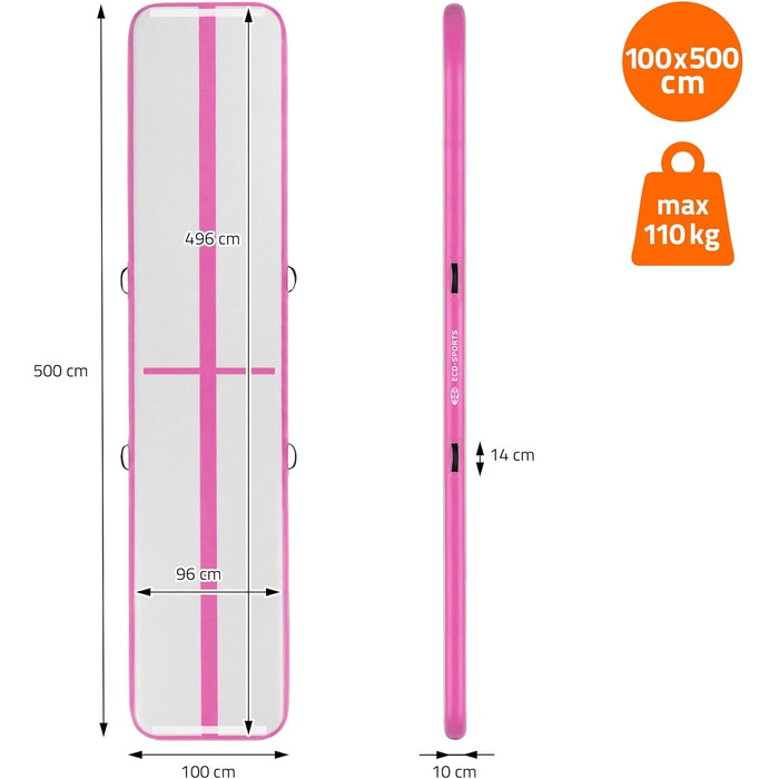 Гімнастичний мат Airtrack ECD Germany для тумблінгу та фітнесу, надувний повітряний тренажер (500 x 100 x 10 см), рожевий, з електричним насосом та сумкою