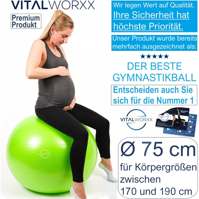 Гімнастичний м'яч VITALWORXX для вагітних 75 см, зелений, надзвичайно міцний, з насосом та вправами для вагітності, пологів і здоров'я, фітнес-йога-пеззібол