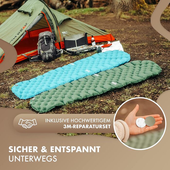 Килимок туристичний NATURBUMMLER® Ultraleicht Cloud Nap+ надувний, 195x56 см, для кемпінгу, трекінгу, фестивалів, зеленого кольору