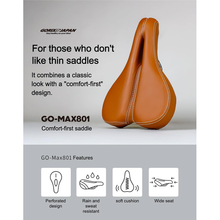 Сідло велосипедне GORIX GO-Max801 коричневе, широке, м'яке, з амортизацією для гірських та шосейних велосипедів