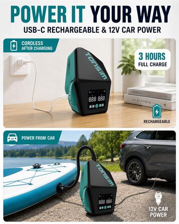 Електричний насос Tonsim Sup Pumpe 20 PSI з акумулятором для SUP-дощок, каяків, надувних човнів та кемпінгу (чорно-сірий)