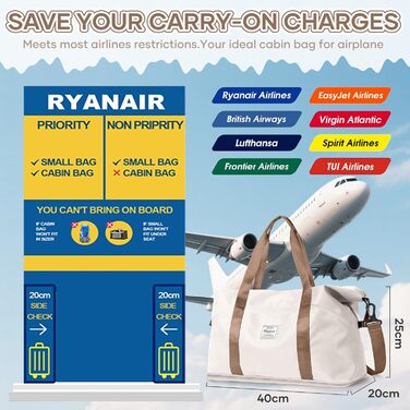 Жіноча спортивна сумка для подорожей 40x20x25 см, ручна поклажа Ryanair, водонепроникна, для залу, тренувань, плавання, бежева