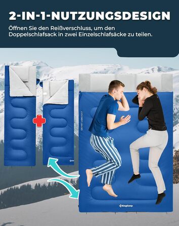 Сплячий мішок KingCamp для двох осіб, зимовий, для кемпінгу, блакитний. Зручний та теплий спальник для відпочинку на природі.