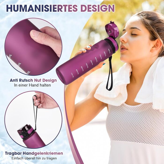 Спортивна пляшка для води 1л, витокозахисна, без BPA, з мірною шкалою, для активного відпочинку, школи, кемпінгу, смарагдово-зелений (фіолетово-червоний)