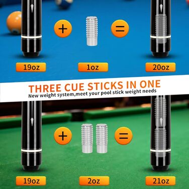 AKLOT Більярдний кий 3-в-1, 58 дюймів, з канадського клена, 19 oz, з можливістю регулювання ваги до 20/21 oz, з чохлом