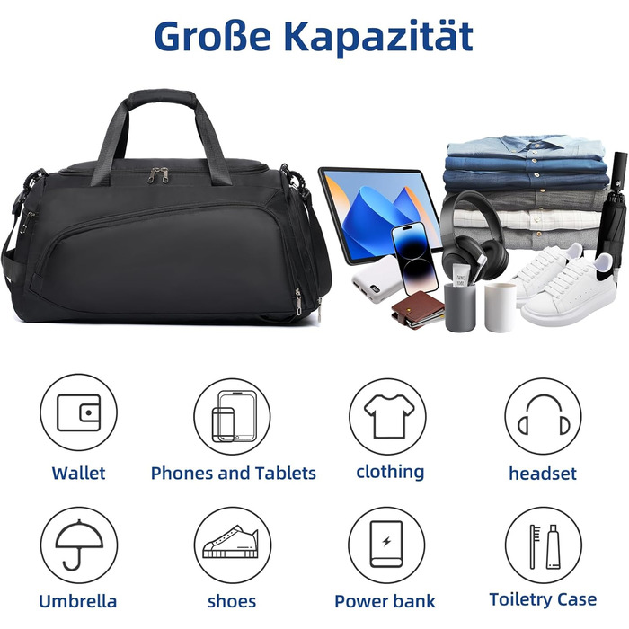 Спортивна сумка-рюкзак для чоловіків та жінок - містка дорожня/тренувальна сумка з відділенням для взуття та мокрих речей, 50 x 28 x 25 см, чорна