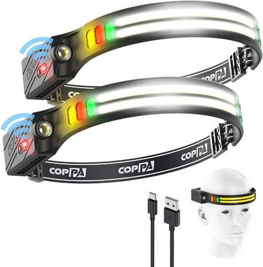 Налобний ліхтар COPPA H4C LED з акумулятором (2 шт.) з функцією Floodlight та Spotlight. Білий, жовтий, червоний, зелений. Датчик руху для дітей, кемпінгу, бігу, риболовлі, альпінізму, ремонту, джогінгу