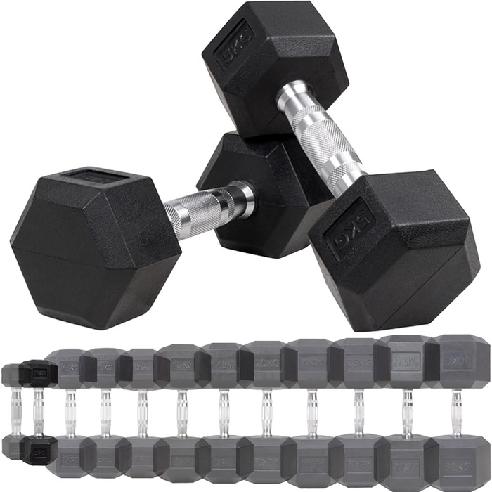 Гантелі шестигранні Miweba Sports HGH100, 2,5-30 кг, пара, гантельний набір, гантелі з литого чавуну, ергономічна ручка, вага 5 кг, професійні короткі гантелі