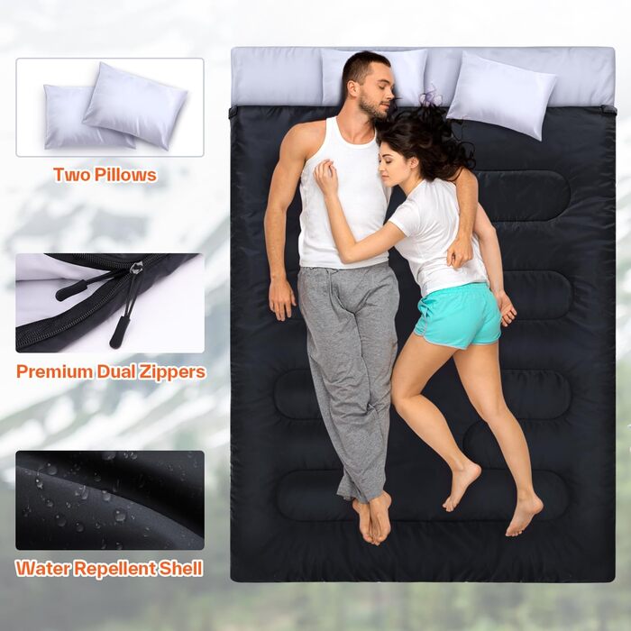 Спальний мішок на дво персони Ohuhu 220x150 см, чорний, для кемпінгу, подорожей, сімейного відпочинку та фестивалів