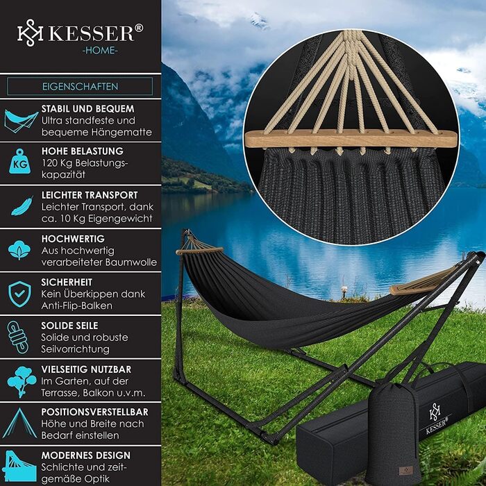 Гамак KESSER® з металевим каркасом, складний, регульований, стабільний. Для дому та саду, кемпінгу, відпочинку на балконі, терасі, біля басейну. У комплекті сумка. Колір: антрацит.
