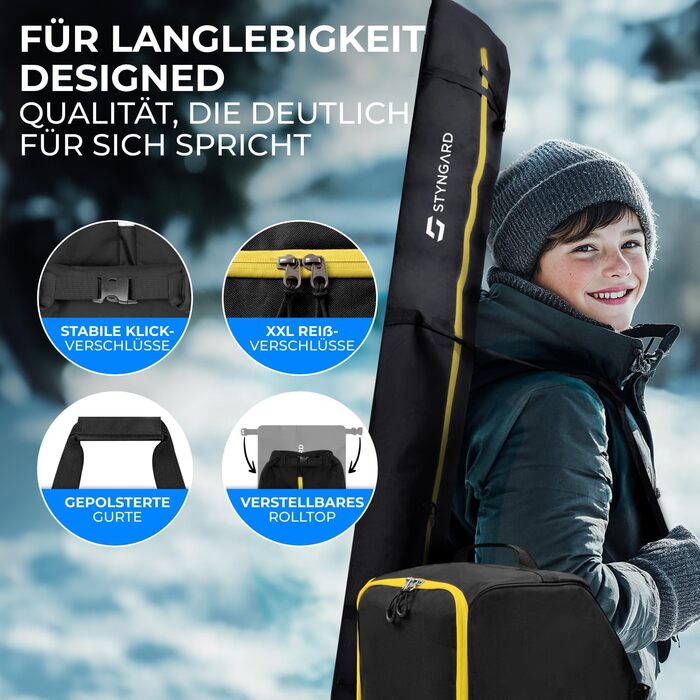 Набір для сноуборду STYNGARD: сумка для сноуборда (120-160 см) та сумка для черевиків з відділенням для шолома (40 л) з вентиляційними гратами, модель St. Moritz (чорний-жовтий)