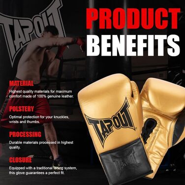Боксерські рукавички Tapout LOCKHART зі шкіри, чорні/золоті, 10 унцій, 1 пара