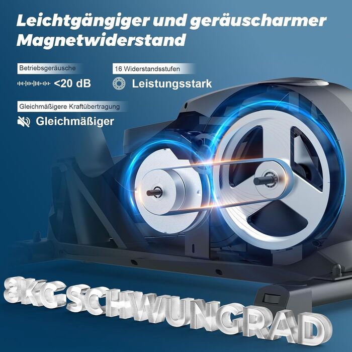 Еліптичний тренажер Neezee для дому: тихий, з 16 рівнями опору, 8 кг маховиком, LCD-дисплеєм (Bluetooth), до 150 кг, чорний