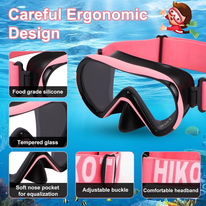 Дитячі маски для снорклінгу Kinder з трубкою, 180° панорама, HD, проти запотівання, для дітей 4-16 років (Рожева)