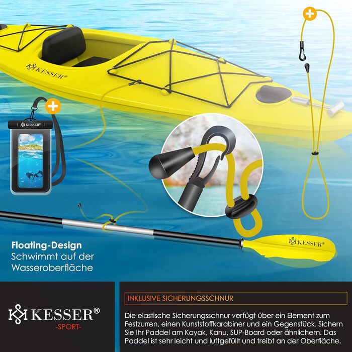 Весло KESSER® Paddle Doppelpaddel для каяка, SUP, Stand-Up Paddling Board, 228 см, алюміній, з мотузкою безпеки, чохлом для телефону, для надувних човнів (жовтий)