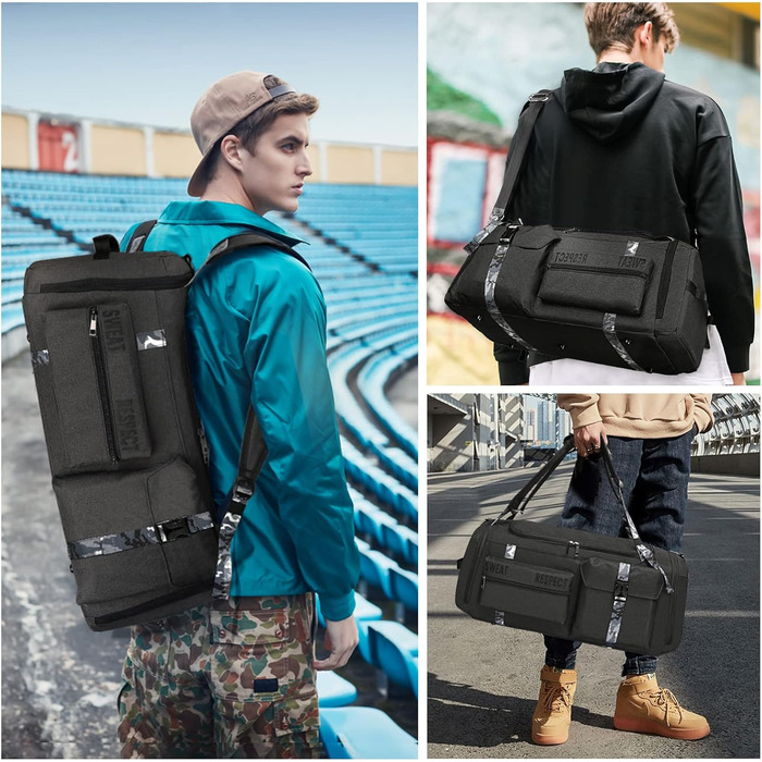 Спортивна сумка-рюкзак 3-в-1 для чоловіків з відділенням для взуття та вологих речей, чорна (22.4 x 10.6 x 11 дюймів)