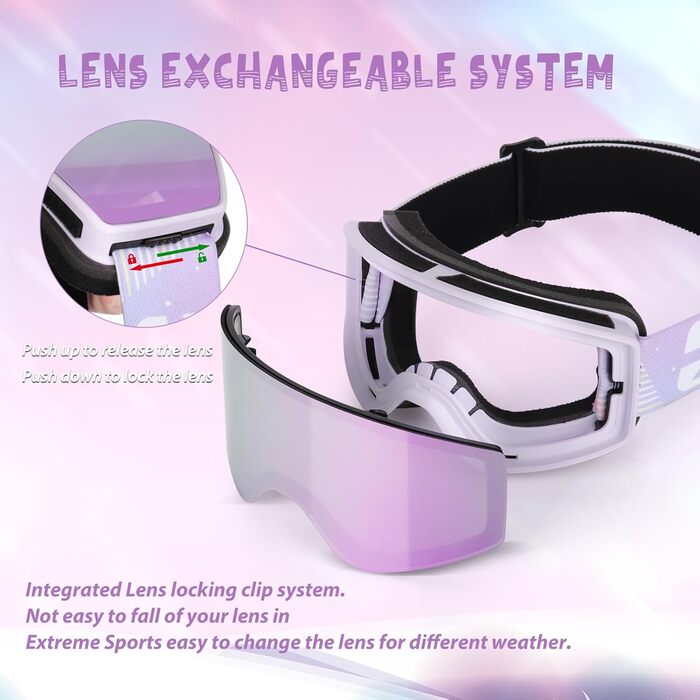 EXP VISION Лижна маска з антифогом, набір для батьків і дітей, 100% UV захист, OTG сноуборд-окуляри для чоловіків, жінок, підлітків і дітей, бузкова