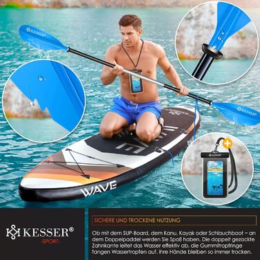 Весло KESSER® Paddle з подвійним лезом - 4 частини для каяка, SUP, стінд-ап паділбордингу, 228 см, алюміній. Включає страхувальну мотузку, чохол для телефону, дошка для серфінгу.
