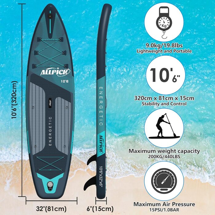 Надувний SUP Борд ALLPICK Premium: Комплект для SUP-бордингу з аксесуарами, тримачем для камери, регульованим веслом, 180 кг, преміум-зелений