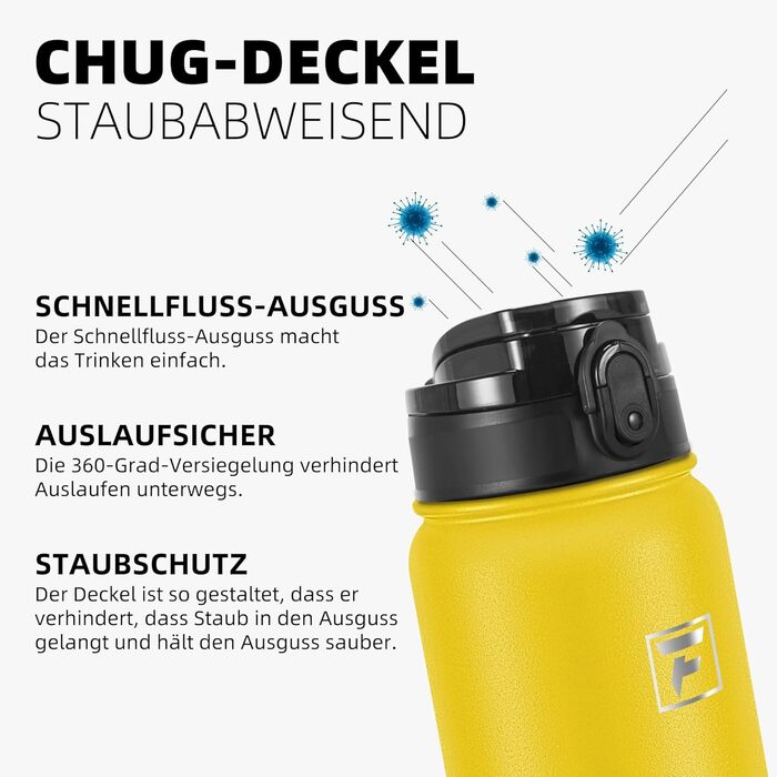 Fanhaw пляшка для води 1.2 л із нержавіючої сталі з кришкою Chug, герметична, антипітна, анти-пил, для жінок і чоловіків, для спорту та активного відпочинку, жовта