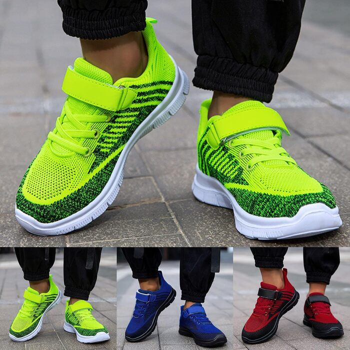 Дитячі кросівки YueYue для хлопчиків та дівчаток: спортивні, зала, повсякденні, легкі, сітка, біг, дихаючі, плоскі, з товстим дном, антиковзкі, на липучці, зелені, розмір 33 EU, колір Hot Rosa B