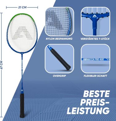 Набір для бадмінтона Apollo Match Pro 400: ракетки для дітей та дорослих, легкі алюмінієві ракетки, комплект з сумкою (синьо-зелений)