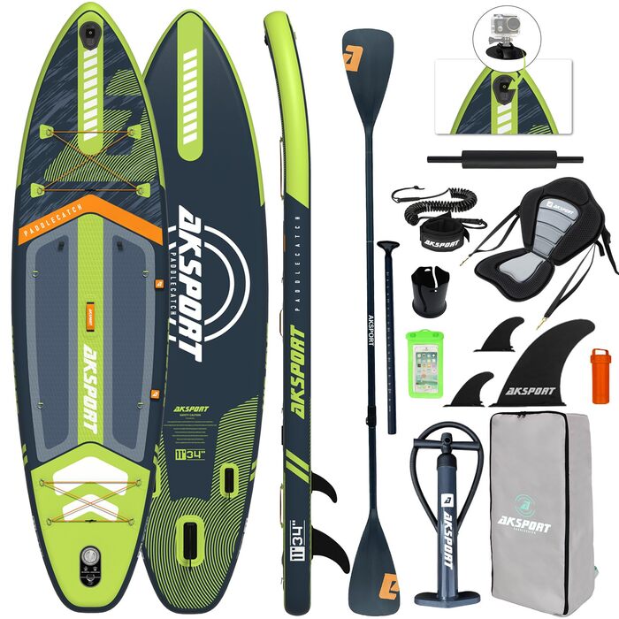 SUP дошка AKSPORT 11' надувна з комплектом аксесуарів, 34 дюйми, антиковзке покриття, для дорослих та підлітків (чорно-зелена)