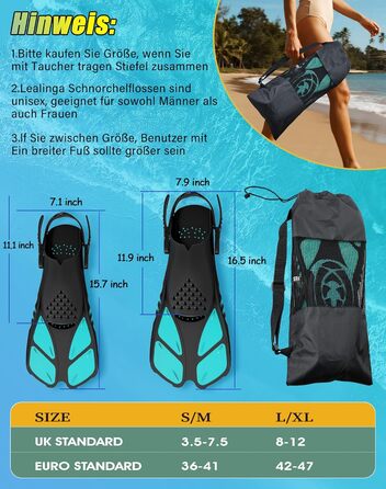 Ласти для плавання Schnorchelflossen регульовані, дорослі, компактні (S/M, темно-зелені) для дайвінгу, снорклінгу та тренувань з сіткою