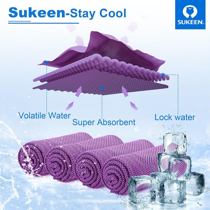 Рушник охолоджуючий Sukeen 4 шт. (101,6 x 30,5 см) - для спорту, фітнесу, тенісу, тренажерного залу - охолоджуючий рушник для шиї та тіла (фіолетовий)