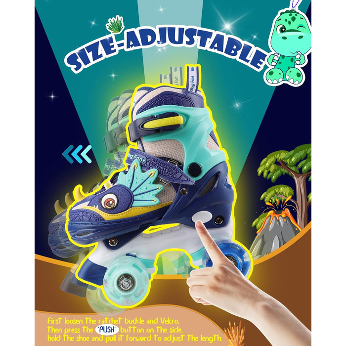Дитячі ролики Kinder Dinosaurier з підсвічуванням, розмір регулюється, блакитні (26-29)