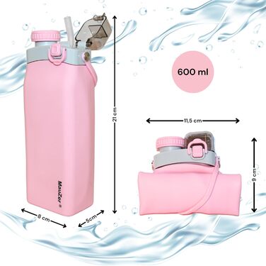 Складана пляшка для води Mauzer® з трубочкою - 600 мл, силікон, BPA free, для дітей, спорту, подорожей, кемпінгу, фестивалів (Рожева)