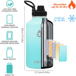 Термос-пляшка 2L з нержавіючої сталі з трубочками та 3 кришками, термос-пляшка з паракордовим ручним захопленням, термокана 2 літри з щіткою для миття, для фітнесу (Турквіз)