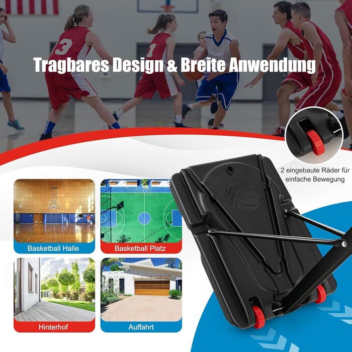 Баскетбольний кошик GOPLUS вуличний з підставкою, регульована висота 105-260 см, портативний на колесах, з м'ячем та насосом для дітей та підлітків