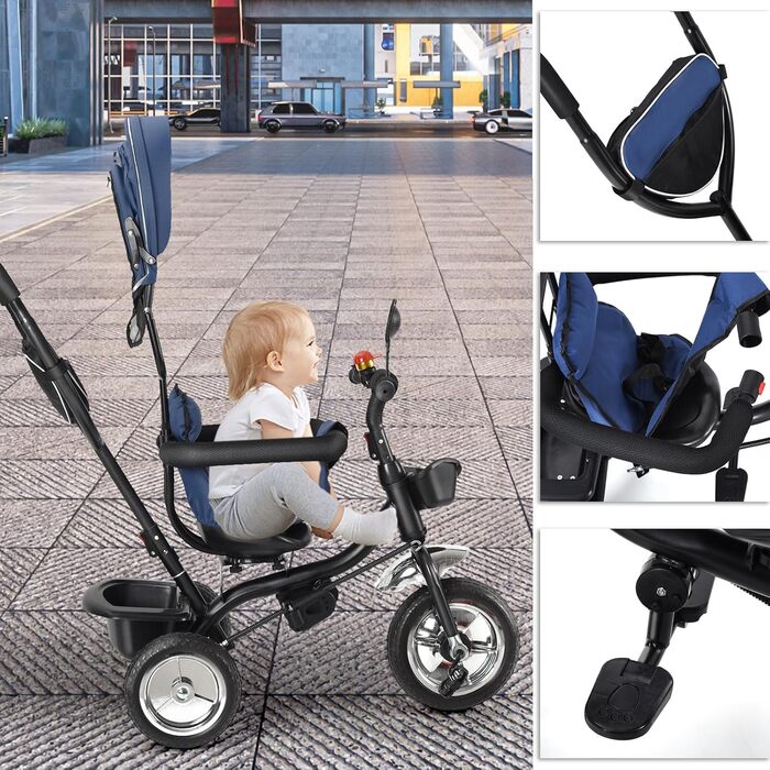 Триколісний велосипед 4 в 1 для дітей від 1 року з батьківською ручкою – дитячий триколіс для 1-4 роки до 25 кг, регульована батьківська ручка, поворотне сидіння, складна тентова система та кошик – компактний та безпечний (Темно-синій)