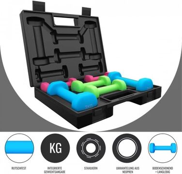 GORILLA SPORTS® Набір гантелей 12 кг з кейсом, нековзкі неопрена, 2×1 кг, 2×2 кг, 2×3 кг, для фітнесу, аеробіки та силових тренувань