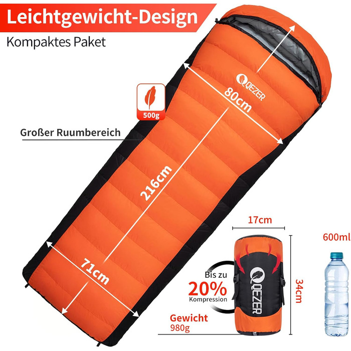 Сплячий мішок пуховий зимовий, 600FP+ преміум-пух, 12°C -24°C, легкий та теплий для 3-4 сезонів, кемпінг, трекінг, походи, оранжевий