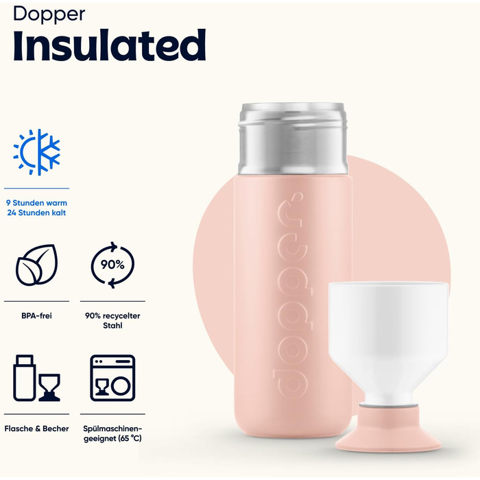 Індивідуальна термобутилка Dopper Insulated з нержавіючої сталі 580 мл — термочашка для кави та чаю, подвійні стінки, не протікає, зберігає холод 24 год, тепло 9 год (Pebble Peach)