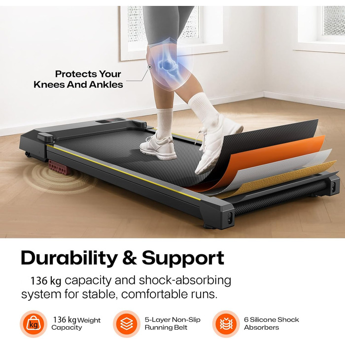 Компактна бігова доріжка Smart Walking Pad для дому та офісу під стіл, з подвійною амортизацією, тихим ходом, підтримкою Workout-додатку та режимом HIIT